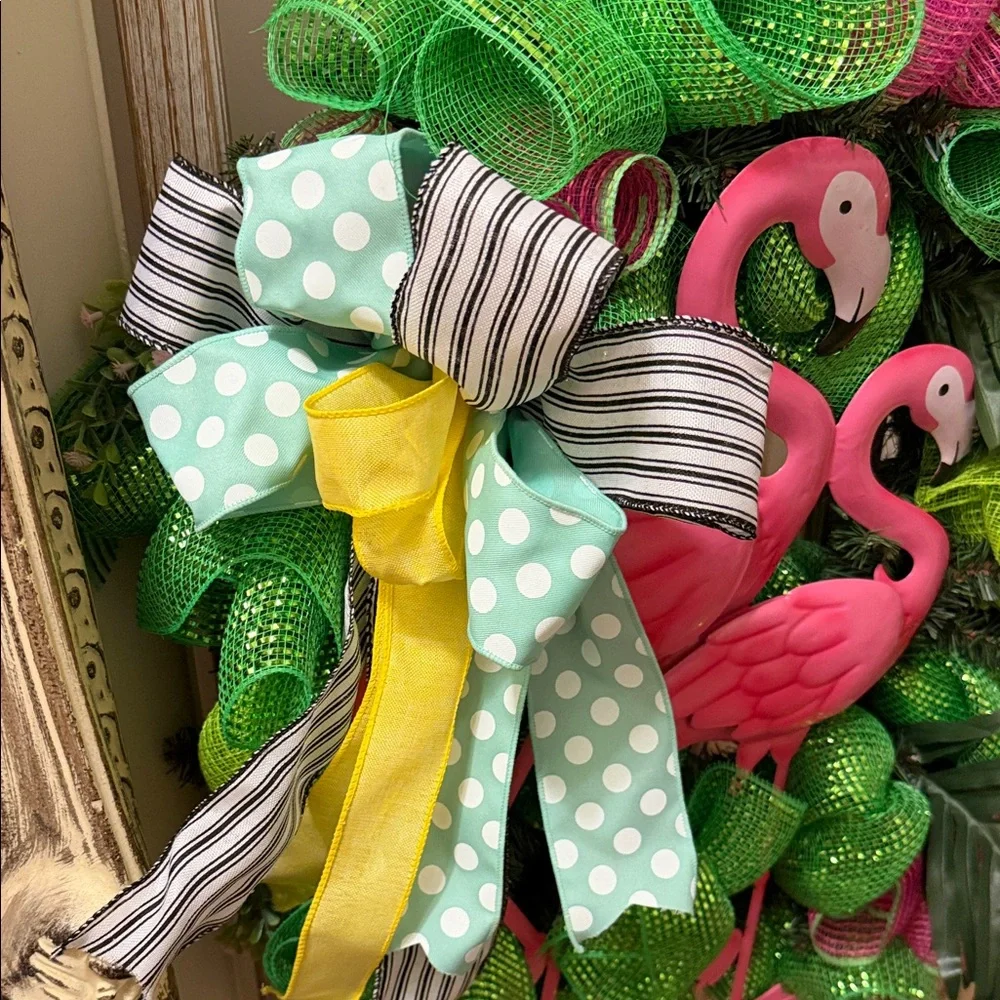 Pink Flamingo Tropical Holiday Wreath - Green & Pink
